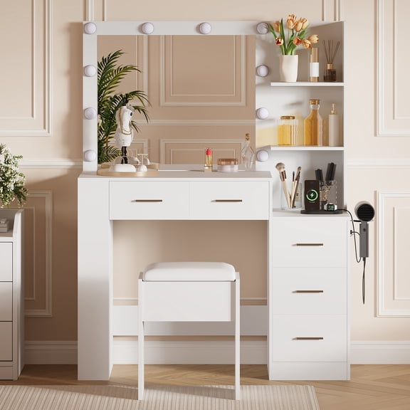 Makeup Vanity with Lights and Mirror,Vanity Desk with Stool and Outlets, Lighted Vanity Table with 10 Bulbs, 3 Color Modes, 5 Drawers for Bedroom