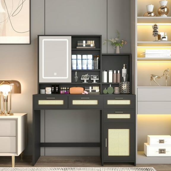 Makeup Vanity with Lights in 3 Colors Vanity Desk with 4 Drawers & 1 Cabinets for Bedroom