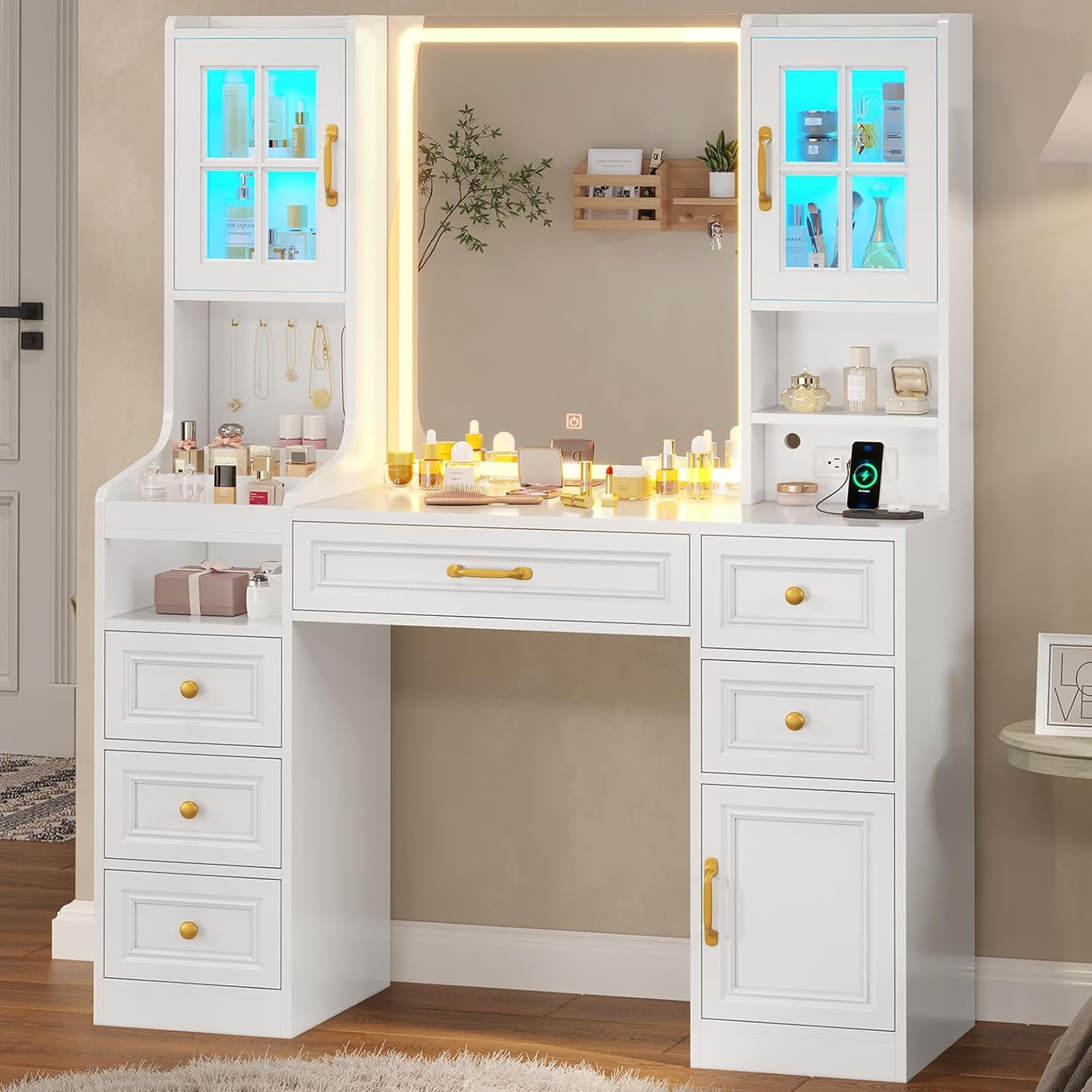 Makeup Vanity with Mirror and Lights, Charging Station, Vintage Makeup Vanity with 6 Drawers, 2 ...