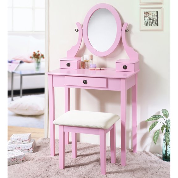 Makeup Vanity with Pink Finish, Adjustable Mirror and Storage / Enhance Bedroom's Aesthetic and Functionality