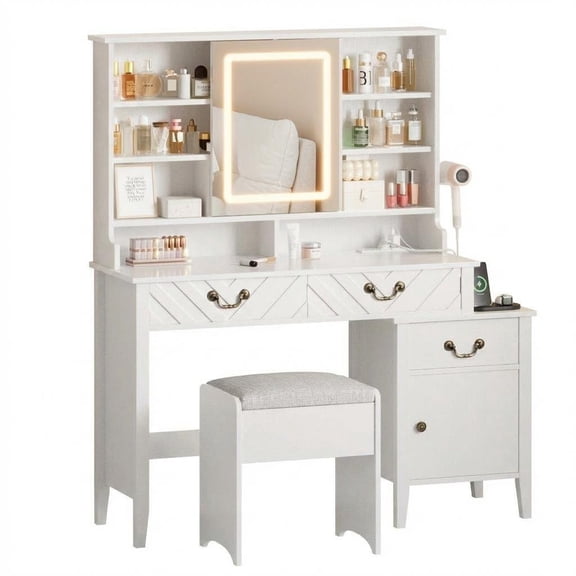 Makeup Vanity with Sliding LED Mirror and Stool, White Vanity Desk with Charging Station, Hair Dryer Holder, Drawers and Storage Cabinet