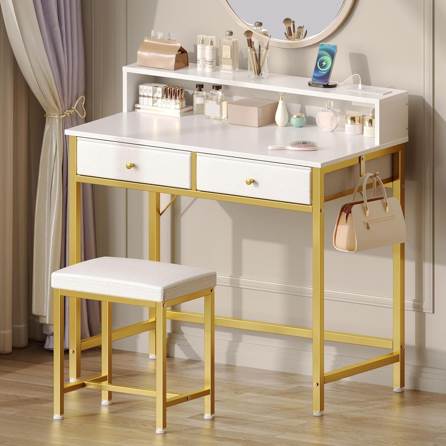 Makeup Vanity with Storage Drawers Charging Station Bedroom Small Desk