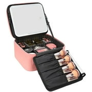 IDFINE Travel Makeup Bag With LED Mirror, Cosmetic Train Case with Light up Mirror, Portable Makeup Artist Organizer Bag with Adjustable Dividers, Makeup Brush Holder Storage, Pink