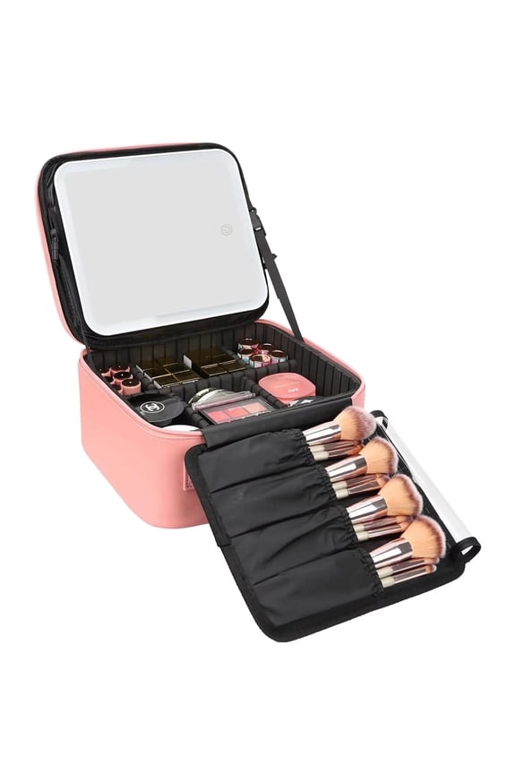 Yzhappy Travel Makeup Bag With LED Mirror, Cosmetic Train Case with Light up Mirror, Portable Makeup Artist Organizer Bag with Adjustable Dividers, Makeup Brush Holder Storage, Pink