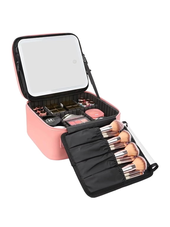 Travel Makeup Bag With LED Mirror, Cosmetic Train Case with Light up Mirror, Portable Makeup Artist Organizer Bag with Adjustable Dividers, Makeup Brush Holder Storage, Pink