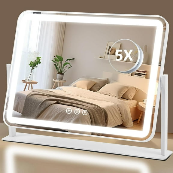 Makeup mirror with light 5x condenser, three color lighting modes, luminous makeup LED mirror, smart touch, 360 rotation, white