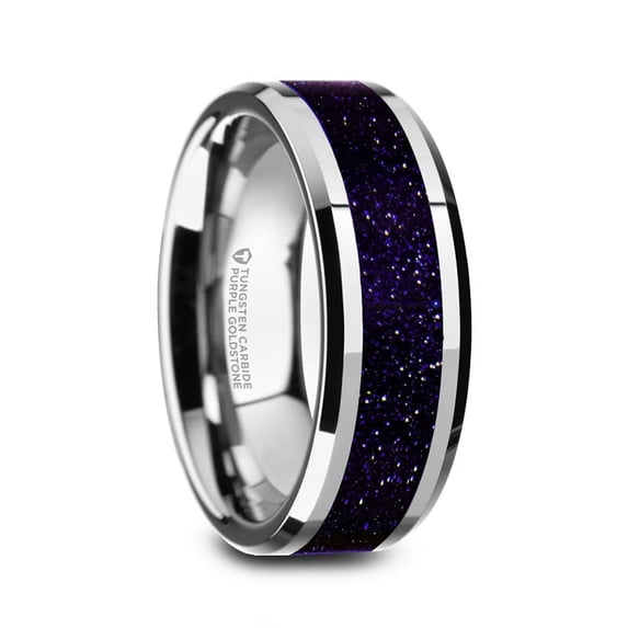 Maki Mens Beveled Polished Finish Tungsten Wedding Ring With Purple Goldstone Inlay