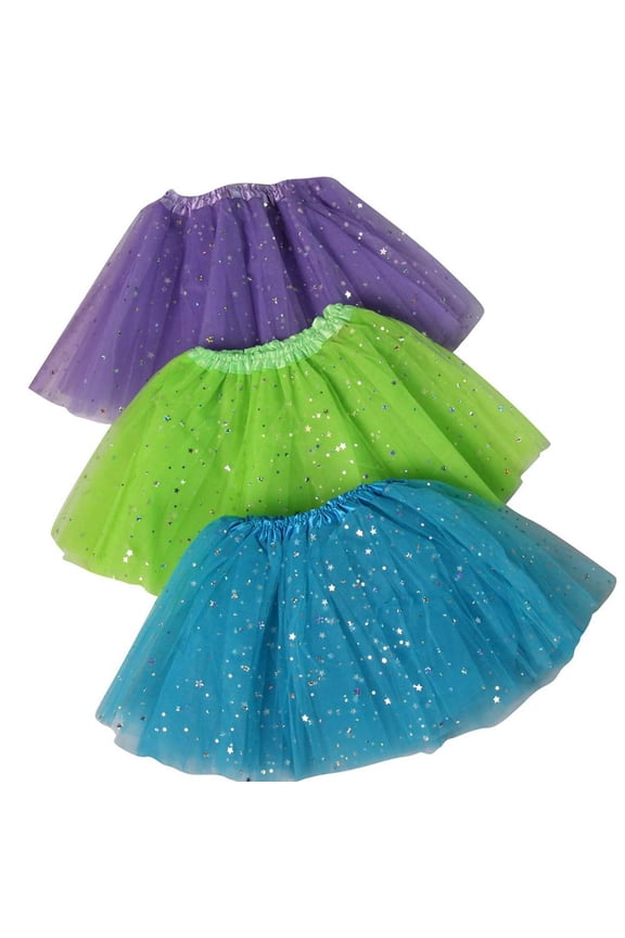 Girls Ballerina Sparkle or Chiffon Tutu Beginner 3 Pack Dress Up Set (Lavender/Lime/Turquoise Sparkle)