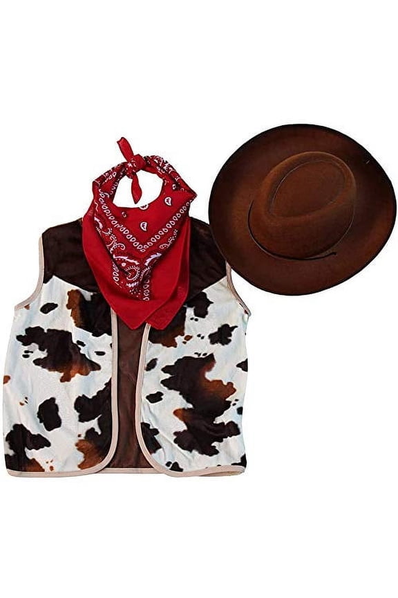Kids Cowboy Or Cowgirl Costume Western Rodeo Set - Vest, Brown Hat, Bandanna - Size 8-10