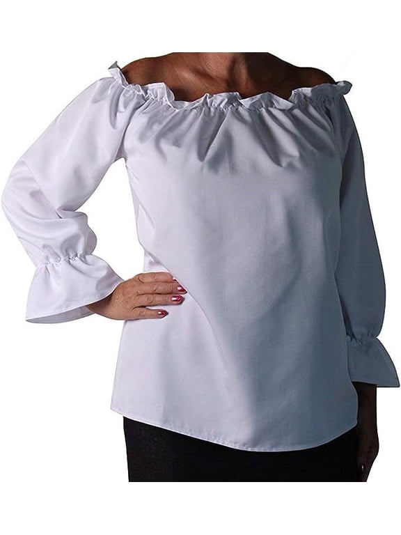Womens Long Sleeve Peasant Gypsy Blouse, White, X-Large