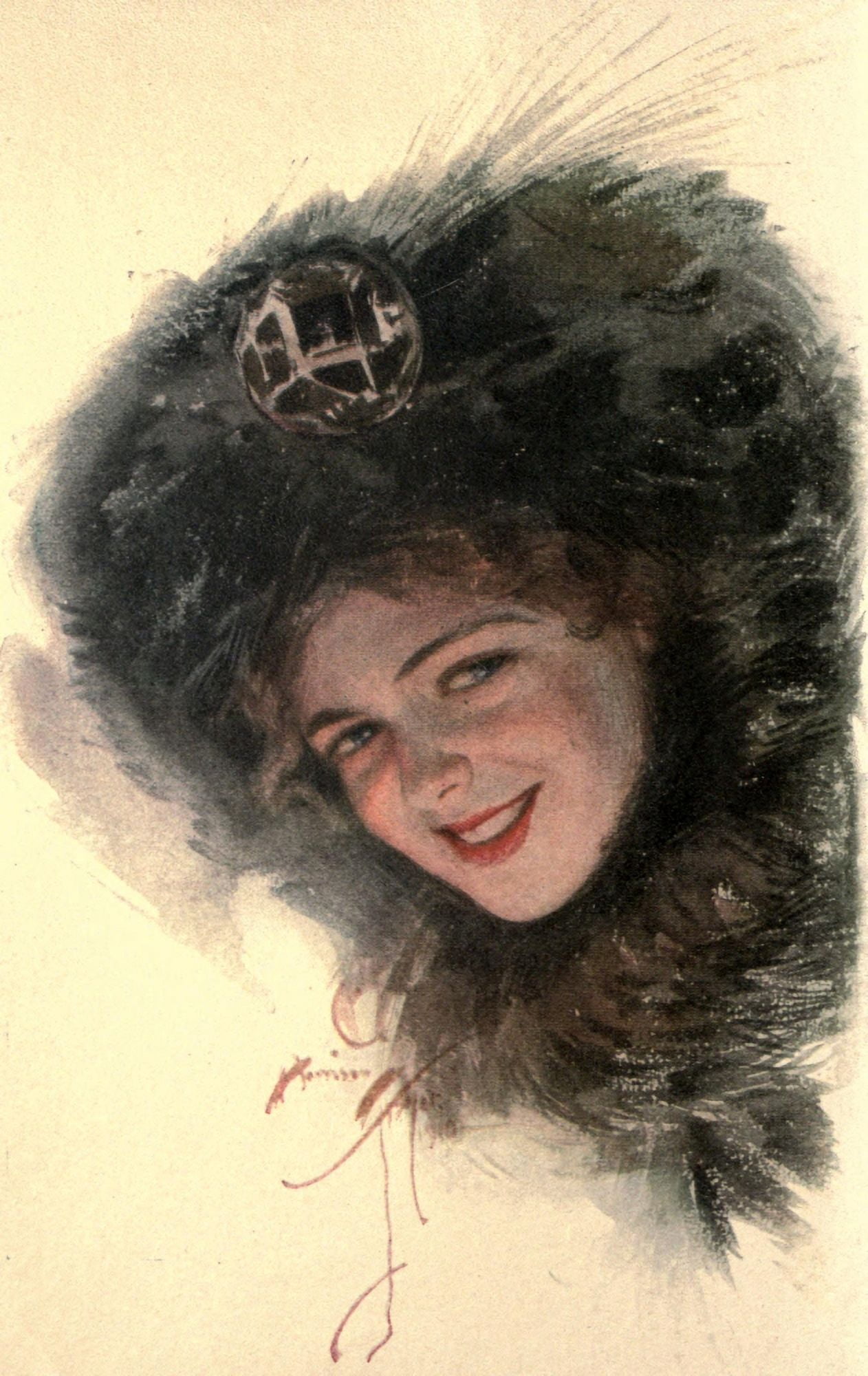 Making People Happy c1911 Girl in fur hat Canvas Art - Harrison Fisher (24 x 36)