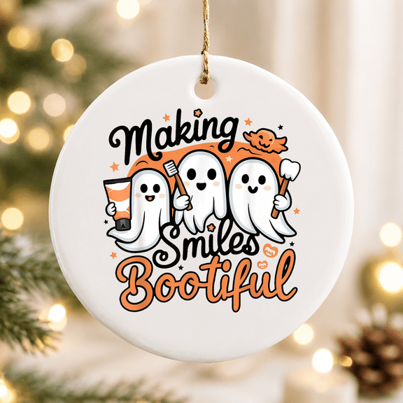 Making Smiles Bootiful Halloween Ghost Dentist Dental Christmas Ornament, Spooky Holiday Decor, Ceramic Ornament