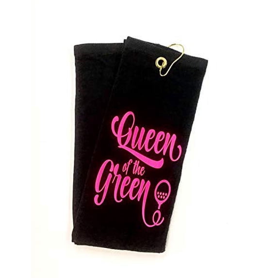 Makinit Gifts Neon Pink on Black - Queen of The Green Girl Woman Tri-fold Golf Towel with Grommet & Hook Club Ball Tee Golfing Gift Birthday Variety Colors Towels Vinyl