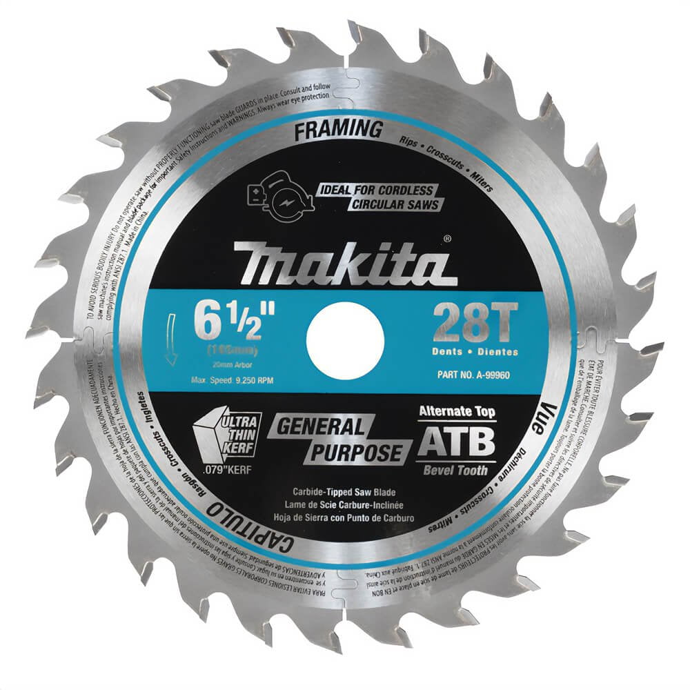 Makita Carbide-Tipped Cordless Plunge Saw Blade Wood 6-1/2""Dia 28 TPI