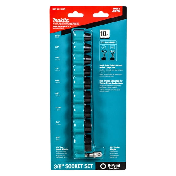 Makita E-01672 XPS 10 Pcs Impact Socket Set SAE w/ Standard Socket Adapter