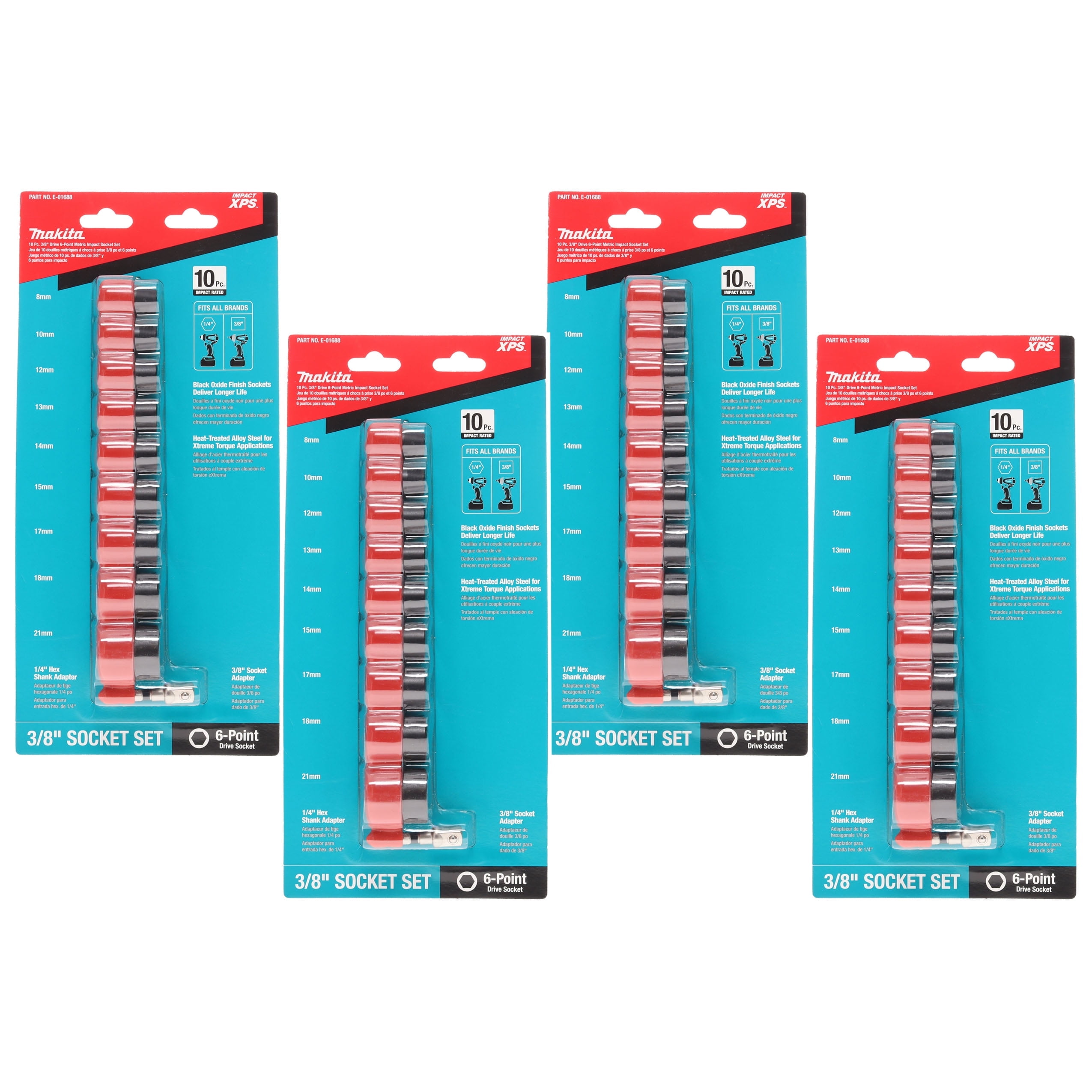 Makita E-01688 10pc. 3/8-inch Drive Metric XPS Impact Socket Set with Standard Socket Adapter (4-Pack)