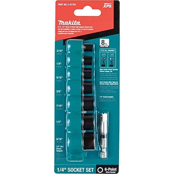Makita E-01703 Impact XPS 8 Pc. 1/4" Drive 6-Point SAE Impact Socket Set w/ Standard Socket Adapter