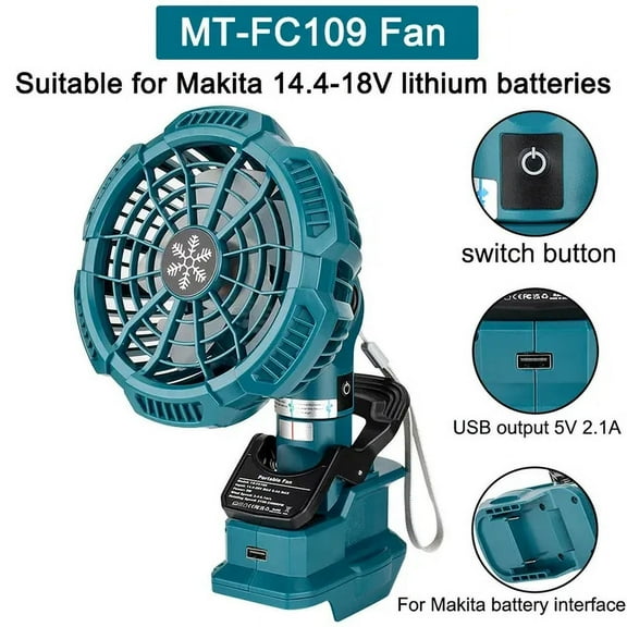 For Makita Milwaukee Bosch Dewalt Ryobi Black & Decker Craftsman 18V Li-ion Battery Fan With Clip USB Household Outdoor Workshop Rechargeable Fan Powerful Wind