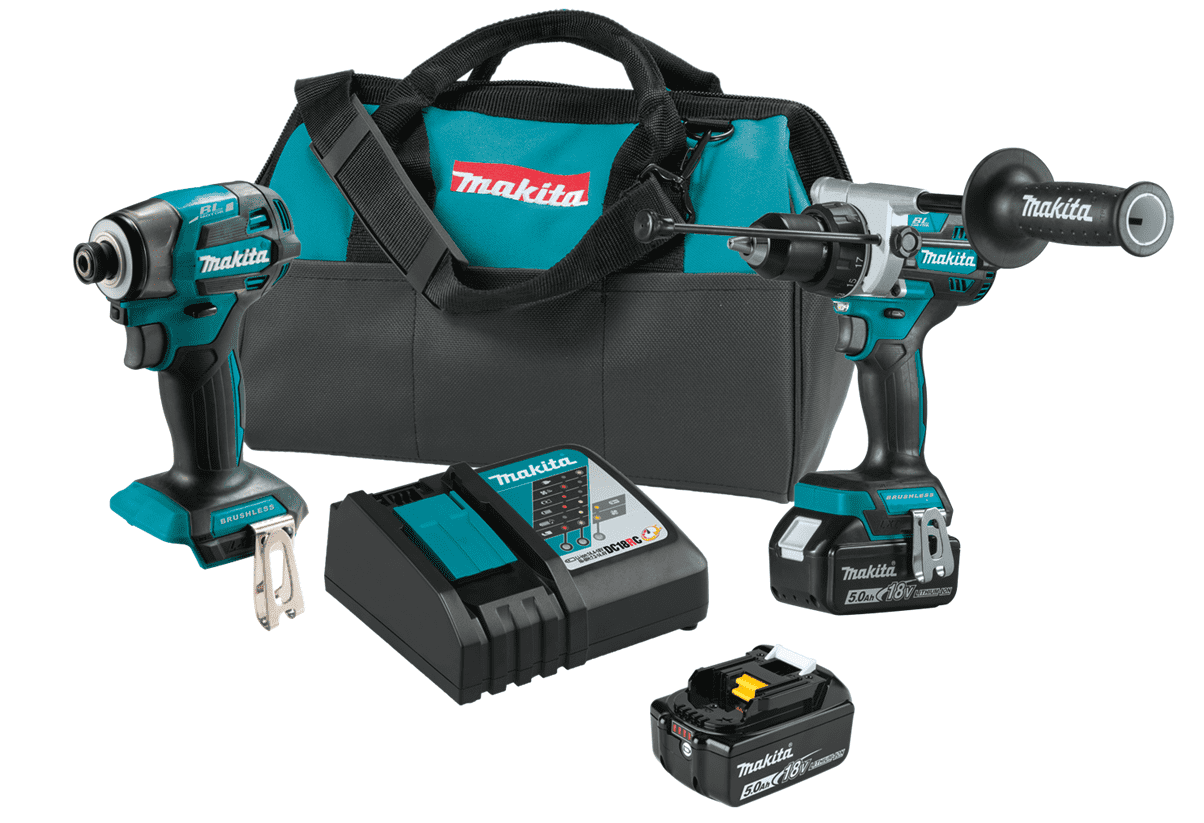 Makita XT297T 18V LXT LithiumIon Brushless Cordless 2Tool Combo Kit (5.0Ah) - Includes 1/2" Hammer Drill/Driver, 4-Speed Impact Driver, (2) 18V LXT 5Ah Batteries, Rapid Charger, and Storage Bag