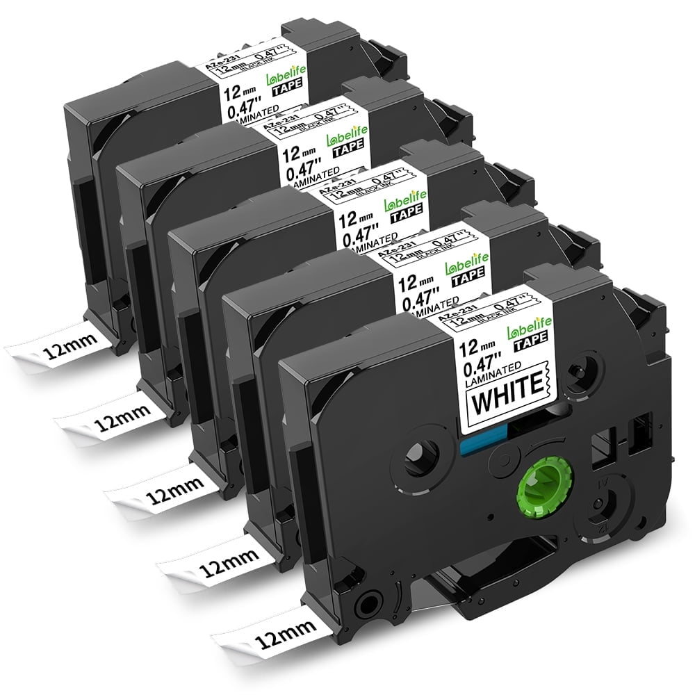 Isdotead 5PK TZ-231 0.47'' 12mm Black on White Label Tape Compatible for Brother P-touch TZe-231 TZe231 TZ231 Label Maker