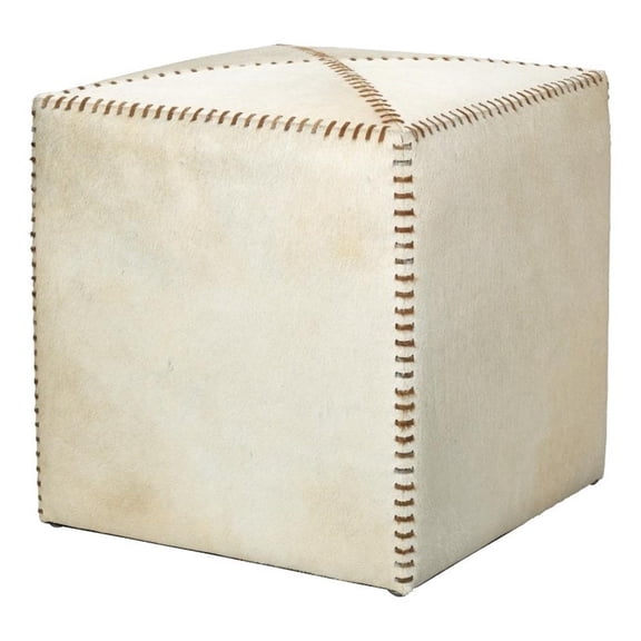 Maklaine 16" Hair-on-Hide Leather Upholstered Ottoman in White