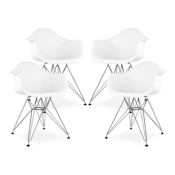 Maklaine 18 inches Plastic and Chrome Steel Armchairs in White (Set of 4)