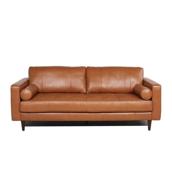 Maklaine 19.5" Mid-Century Leather Fitted Back Sofa in Brown