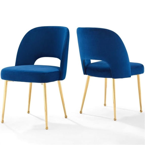 Maklaine 19.5" Modern Velvet Dining Side Chair in Gold/Navy (Set of 2)