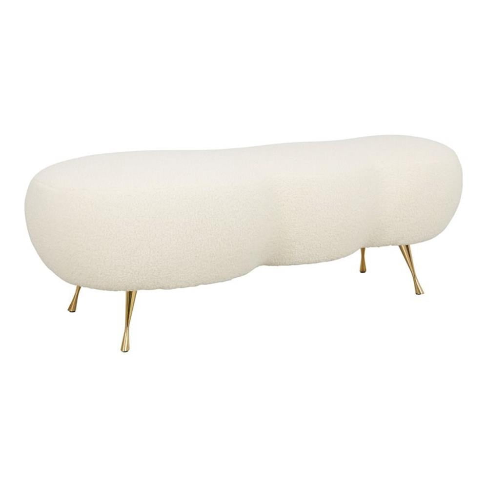 White Faux Sheepskin Upholstered Bench with Gold Legs