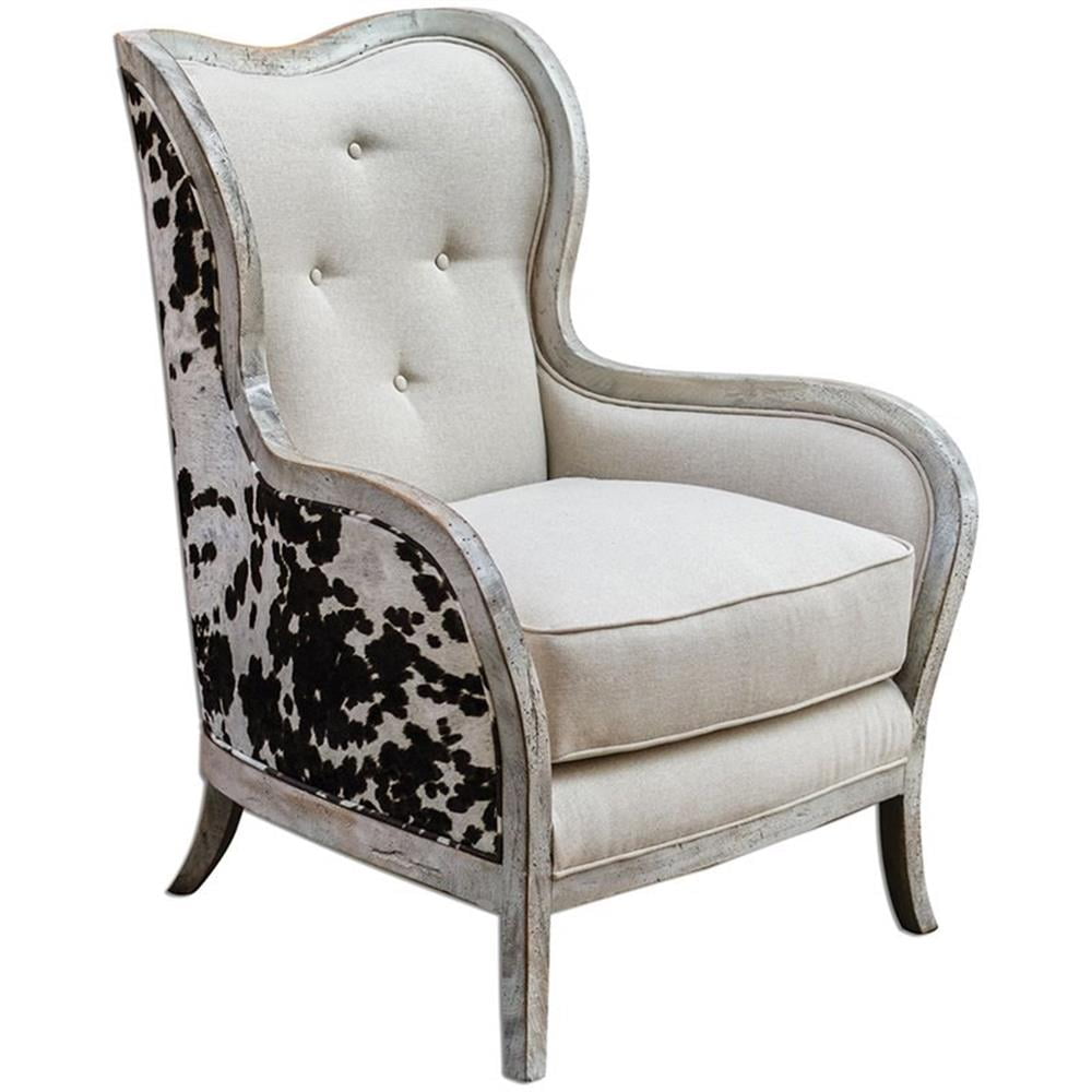 Elegant Mahogany and Bone-White Velvet Accent Chair