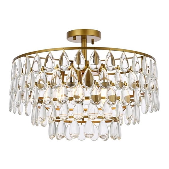 Maklaine 20" Modern Iron and Crystal Flush Mount in Brass Finish