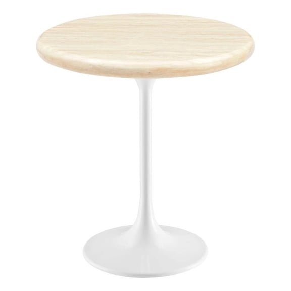 Maklaine 20" Round Artificial Travertine Stone Side Table in Brown/White