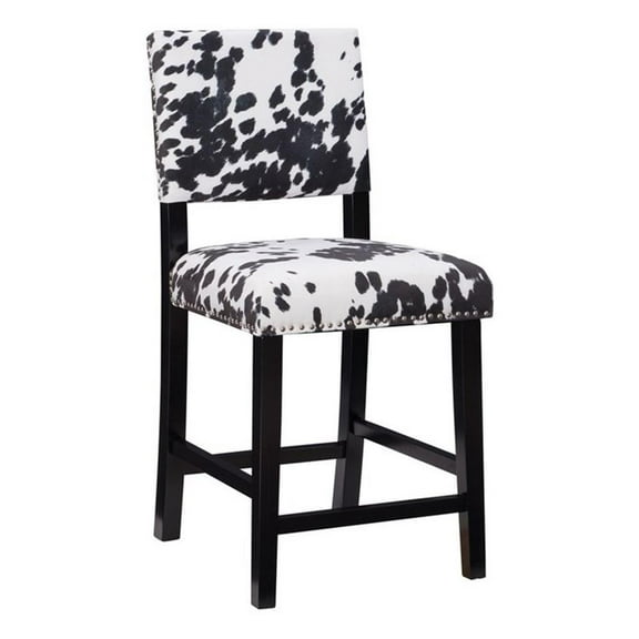 Maklaine 24" Cow Print Counter Stool with Silver Nailheads in Black Wood