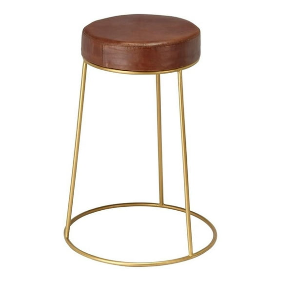 Maklaine 24" Round Leather & Iron Metal Counter Stool in Brown