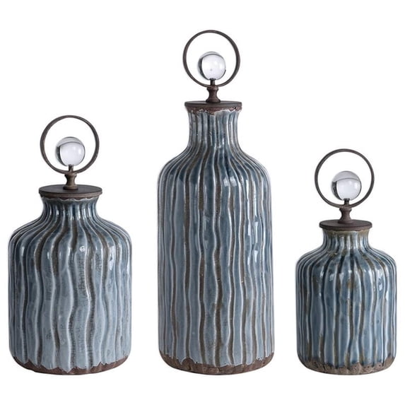 Maklaine 3-Piece Ceramic and Metal Bottle Set in Gray and Blue
