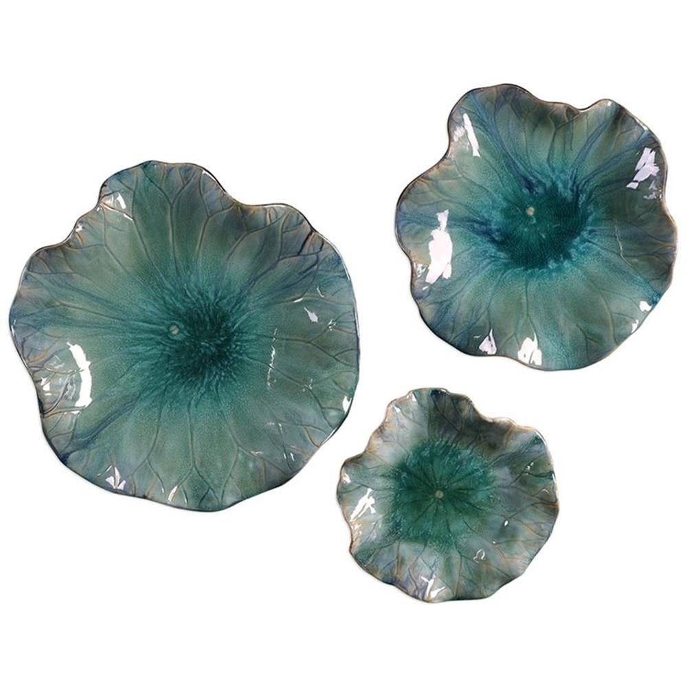 Turquoise Ceramic Floral Wall Sculptures, Set of 3