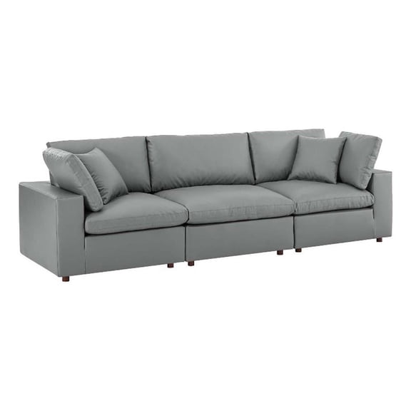 Maklaine 3-Seater Down Filled Overstuffed Faux Leather Sofa in Gray