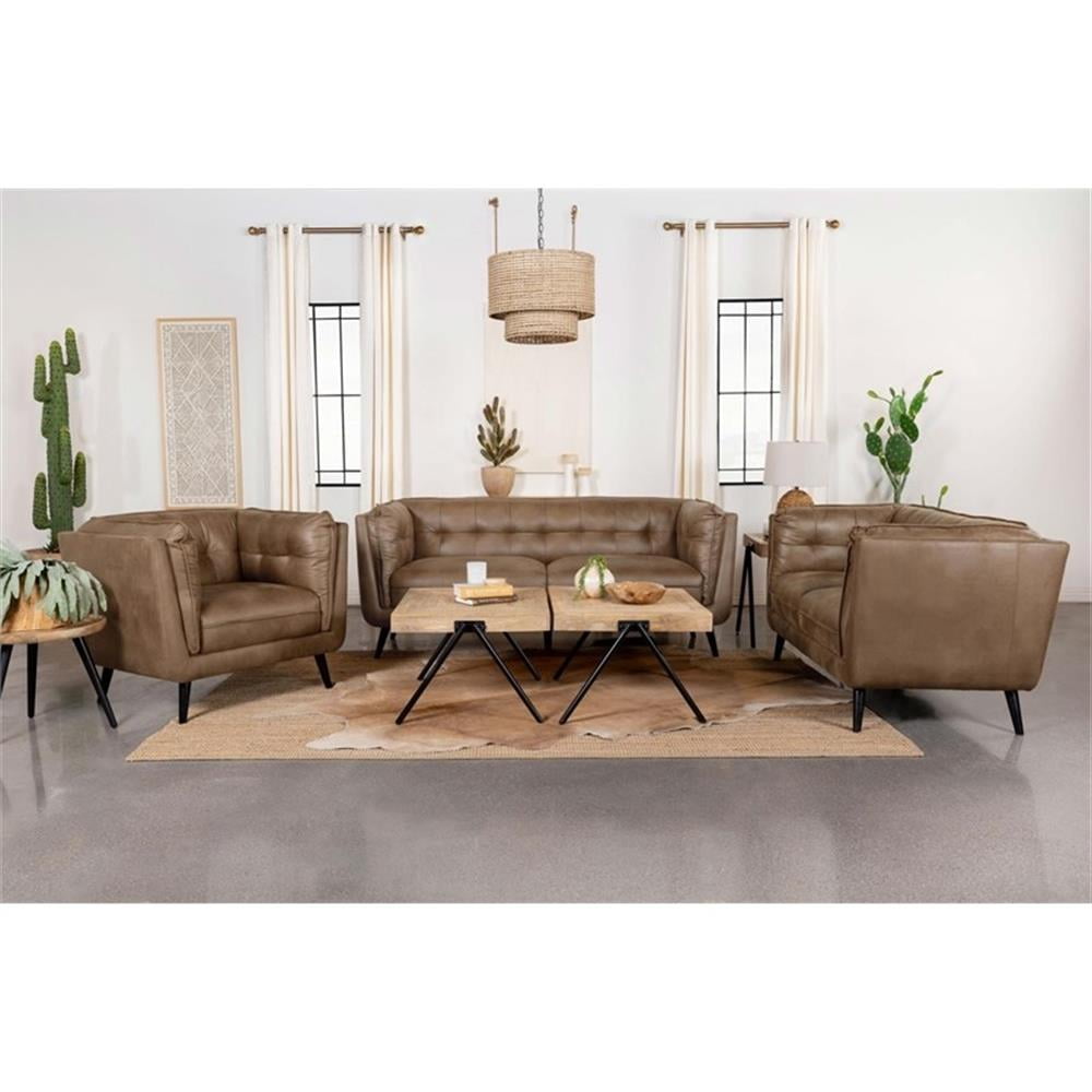 Brown Microfiber Leather 3-Piece Tufted Living Room Set