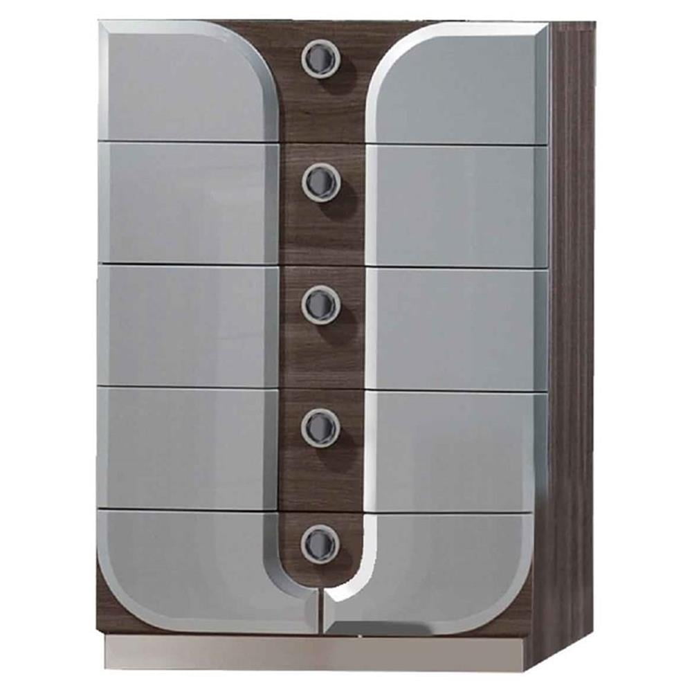 Contemporary Zebra Wood & Silver 5-Drawer Chest with Blue Mirror Handles