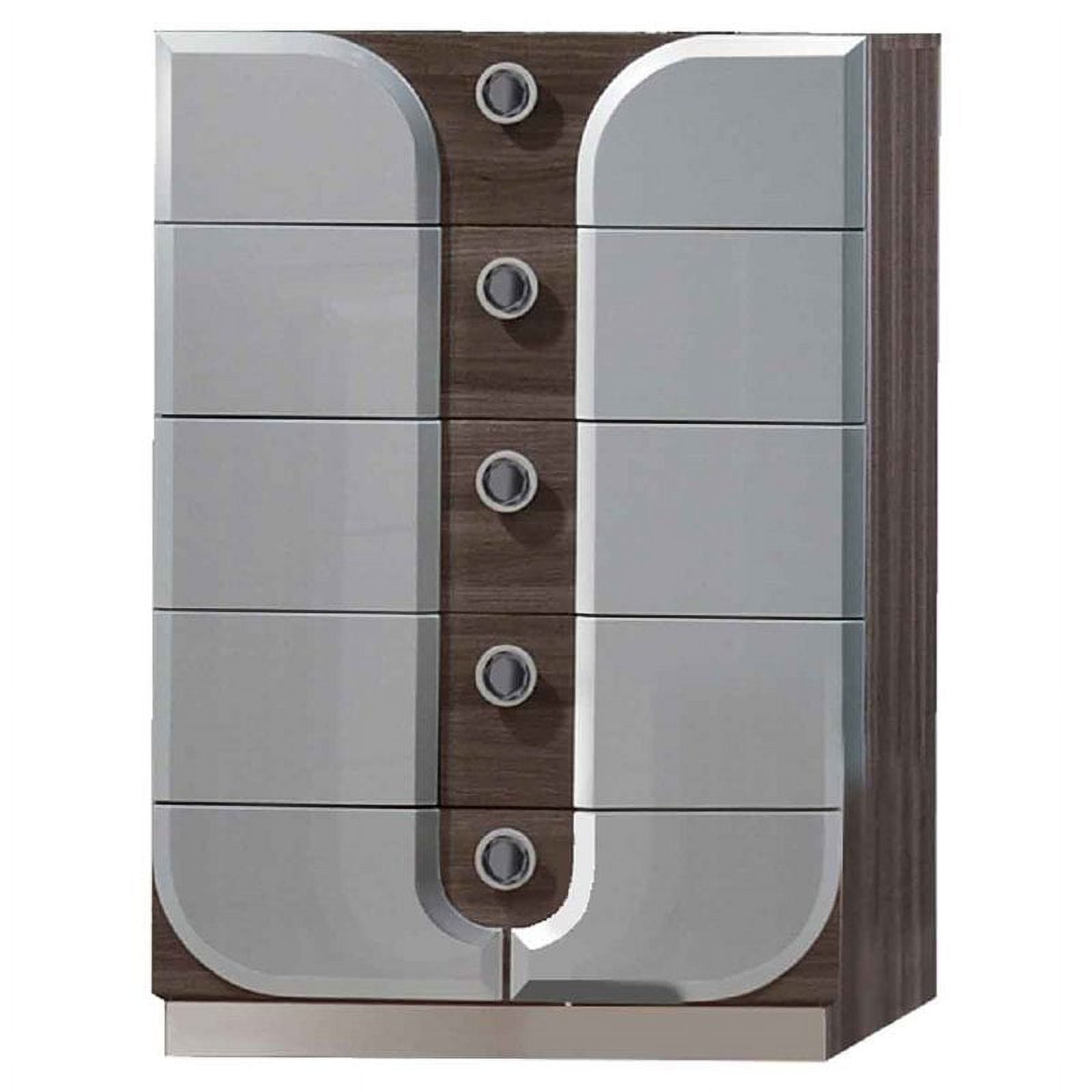 Contemporary Zebra Wood & Silver 5-Drawer Chest with Blue Mirror Handles