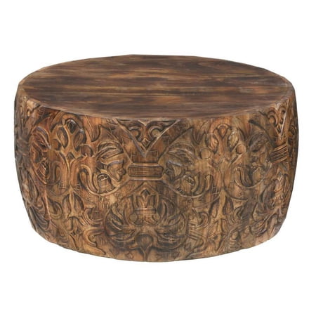 Maklaine 33" Coffee Table with Carved Pattern and Wooden Frame in Walnut Brown