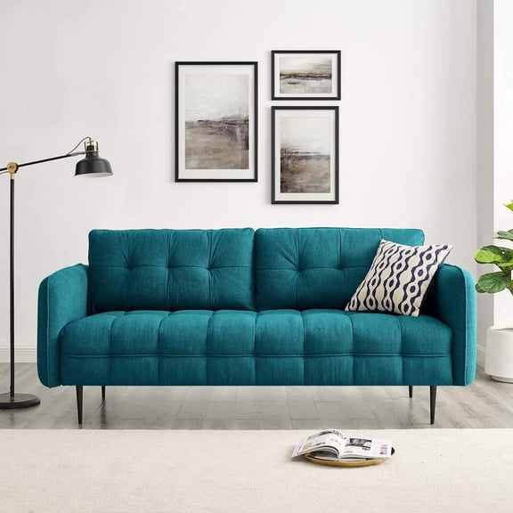Maklaine 34" Tufted Modern Fabric Sofa with Black Metal Legs in Teal Green