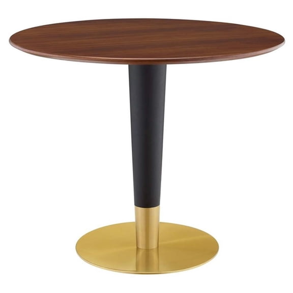 Maklaine 35.5" Round Modern Wood Dining Table in Walnut & Gold