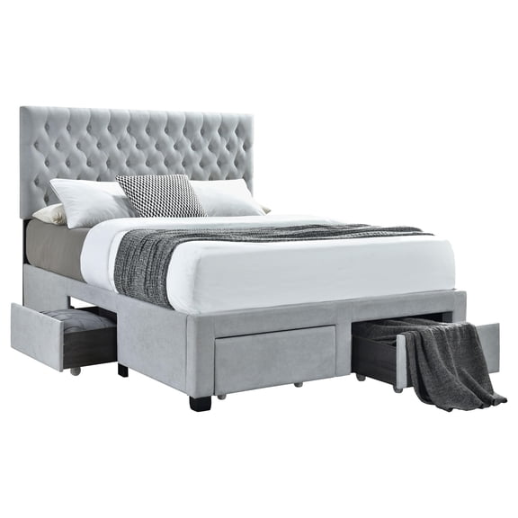 Maklaine 4-Drawer Button Tufted Fabric Queen Storage Bed in Gray