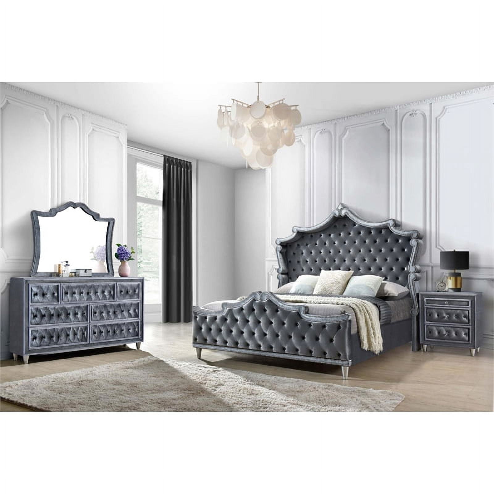 Maklaine 4Piece Velvet Upholstered Tufted Queen Bedroom Set in Gray