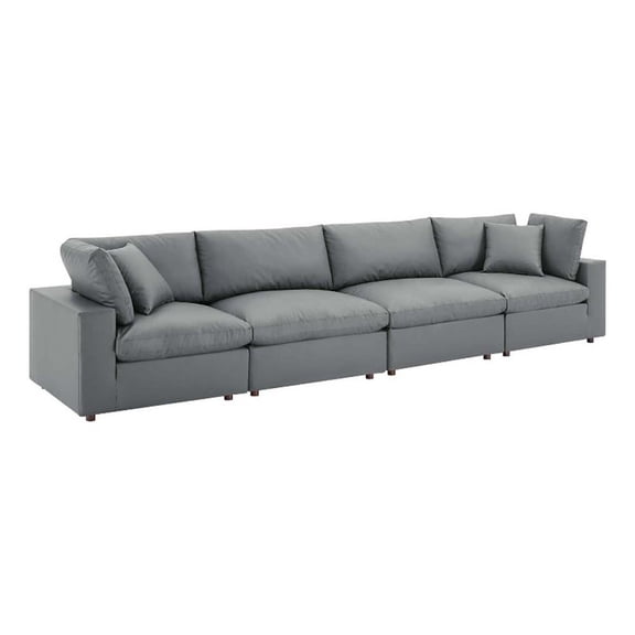 Maklaine 4-Seater Down Filled Overstuffed Faux Leather Sofa in Gray