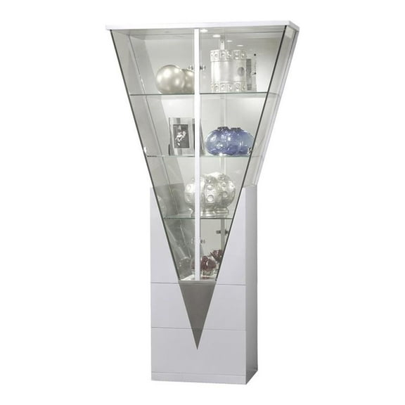 Maklaine 40.6" Triangle Contemporary Steel & Glass Curio Cabinet in Silver/Clear