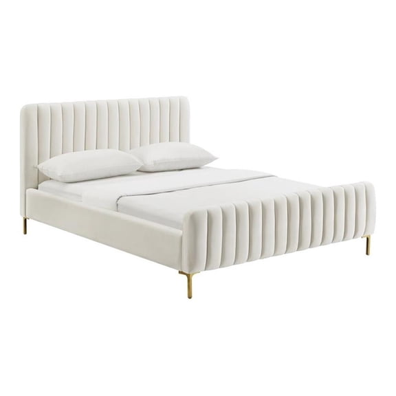 Maklaine 41.7"H Transitional Velvet Full Bed w/ Glam Design in Cream