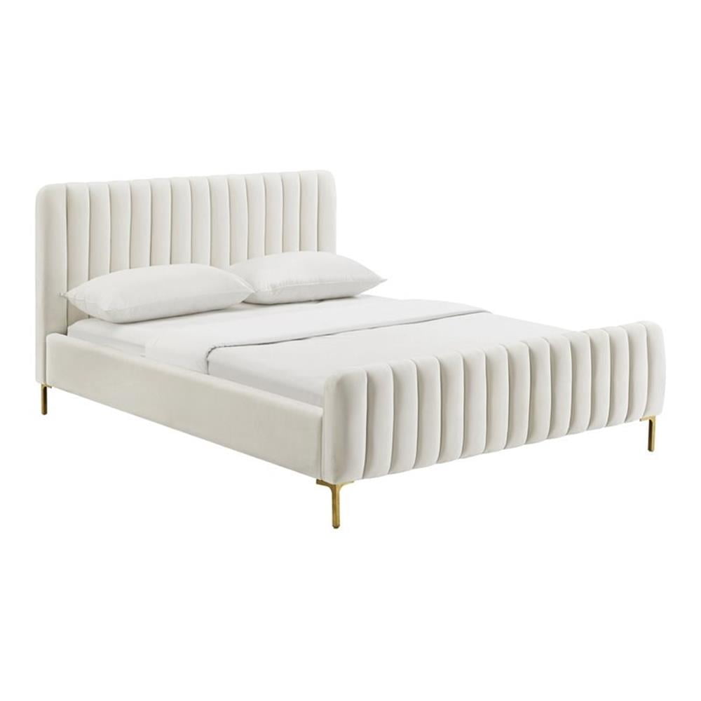 Angela Cream Velvet Queen Upholstered Bed with Gold Legs