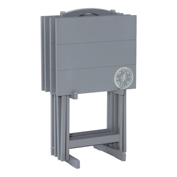 Maklaine 5 Piece Tray Table Set Planked Top with Compass Design in Gray Wood